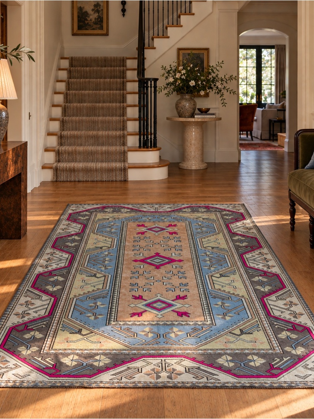 Vintage Turkish Rug 5’1” x 7’6” – Hand Knotted Wool, Pink & Blue